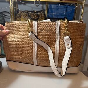 Liz Claiborne Straw Tote with White Trim